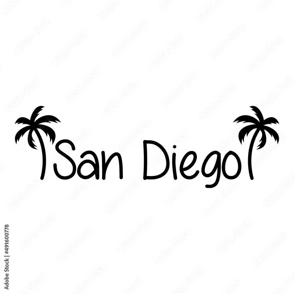 San Diego beach. Destino de vacaciones. Banner con texto San Diego con silueta de palmera en color negro