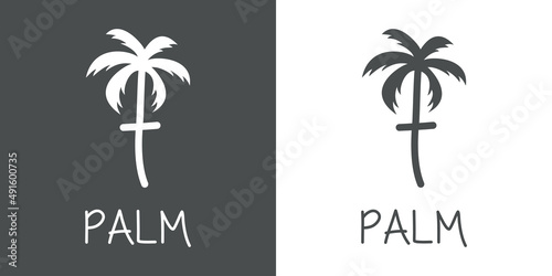 Logotipo texto Palm con letra t en tipografía con forma de silueta de palmera en fondo gris y fondo blanco
