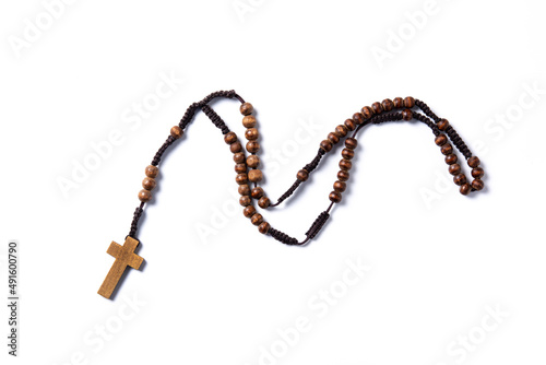 Rosary catholic cross isolated on white background photo