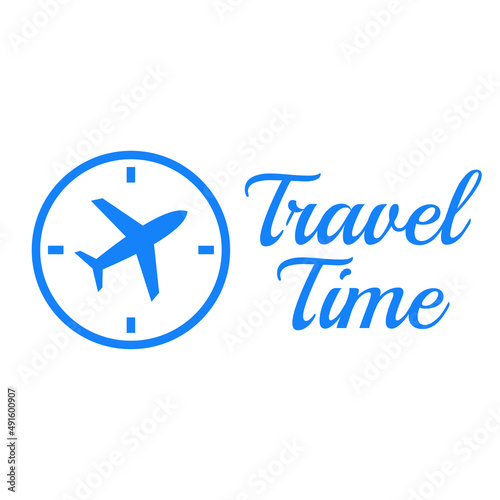 Logotipo con texto manuscrito Travel Time y silueta de avión en esfera de reloj simple en color azul