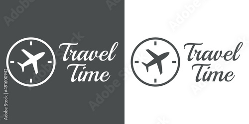 Logotipo con texto manuscrito Travel Time y silueta de avión en esfera de reloj simple en fondo gris y fondo blanco