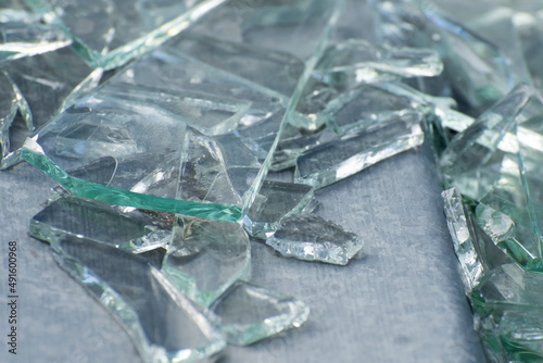 Broken glass close-up. Destroyed houses during the war. Russian aggression against Ukraine.