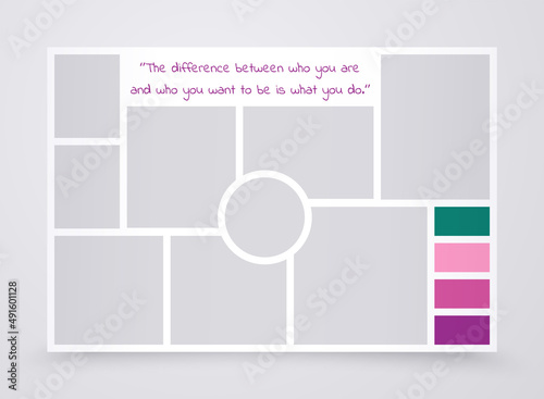 Photo collage layout. Moodboard template. Mood board background. Montage mosaic pictures. Frames grid. Album images grid with colour palette and quote. Poster, brochure design. Vector illustration