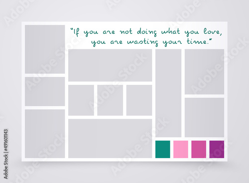 Collage template. Moodboard grid. Mood board. Frame banner with photo pictures. Photography album layout. Presentation mockup with colour palette. Mosaic horizontal background. Vector illustration