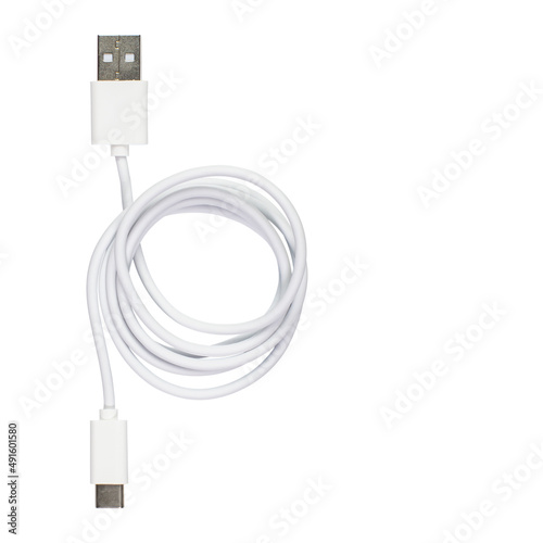 Usb usb-c white data cable on white isolate, for the marketplace or online store, copy space.