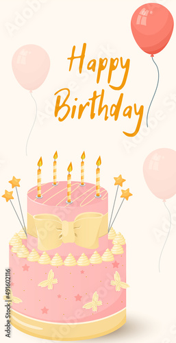 A birthday greeting card for a girl or a woman with a large cake  candles and balloons. Vector illustration.