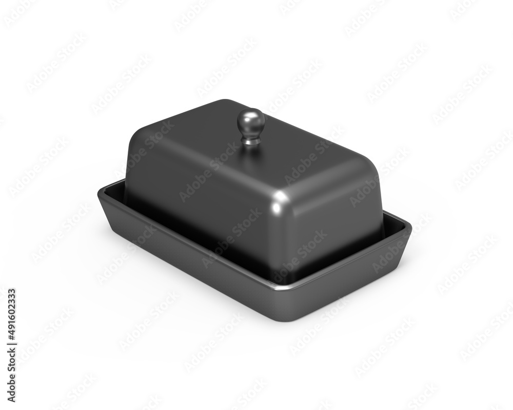 Black Butter Keeper Container Plate With Lid Template, Cloche Mockup Template On Isolated White Background, 3d render illustration. Black Butter Keeper Container Plate With Lid Template, Cloche Mockup Template On Isolated White Background, 3d render illustration.