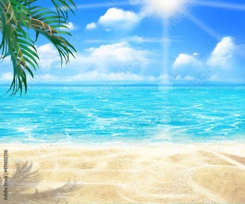 Fototapeta Naklejka Na Ścianę i Meble -  夏の砂浜とボヤけた雲のある青い空とヤシの木と海の美しいフレームイラスト素材
