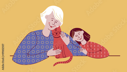 Happy smiling old woman and girl with cat.
