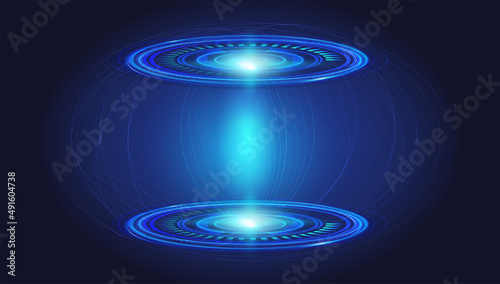 Futuristic circle vector HUD, UI  interface screen design.  Abstract style, circle on blue background. Blank display, stage or podium for show product in futuristic cyberpunk style.