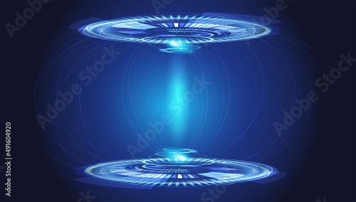 Futuristic circle vector HUD, UI  interface screen design.  Abstract style, circle on blue background. Blank display, stage or podium for show product in futuristic cyberpunk style.