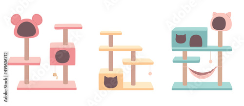 Cat tree with cat house, luxury colorful rooms for animals. Cat tower, scratching post and hammock. A set of furniture for kittens, with toys in the form of mice. Flat vector illustrations isolated.