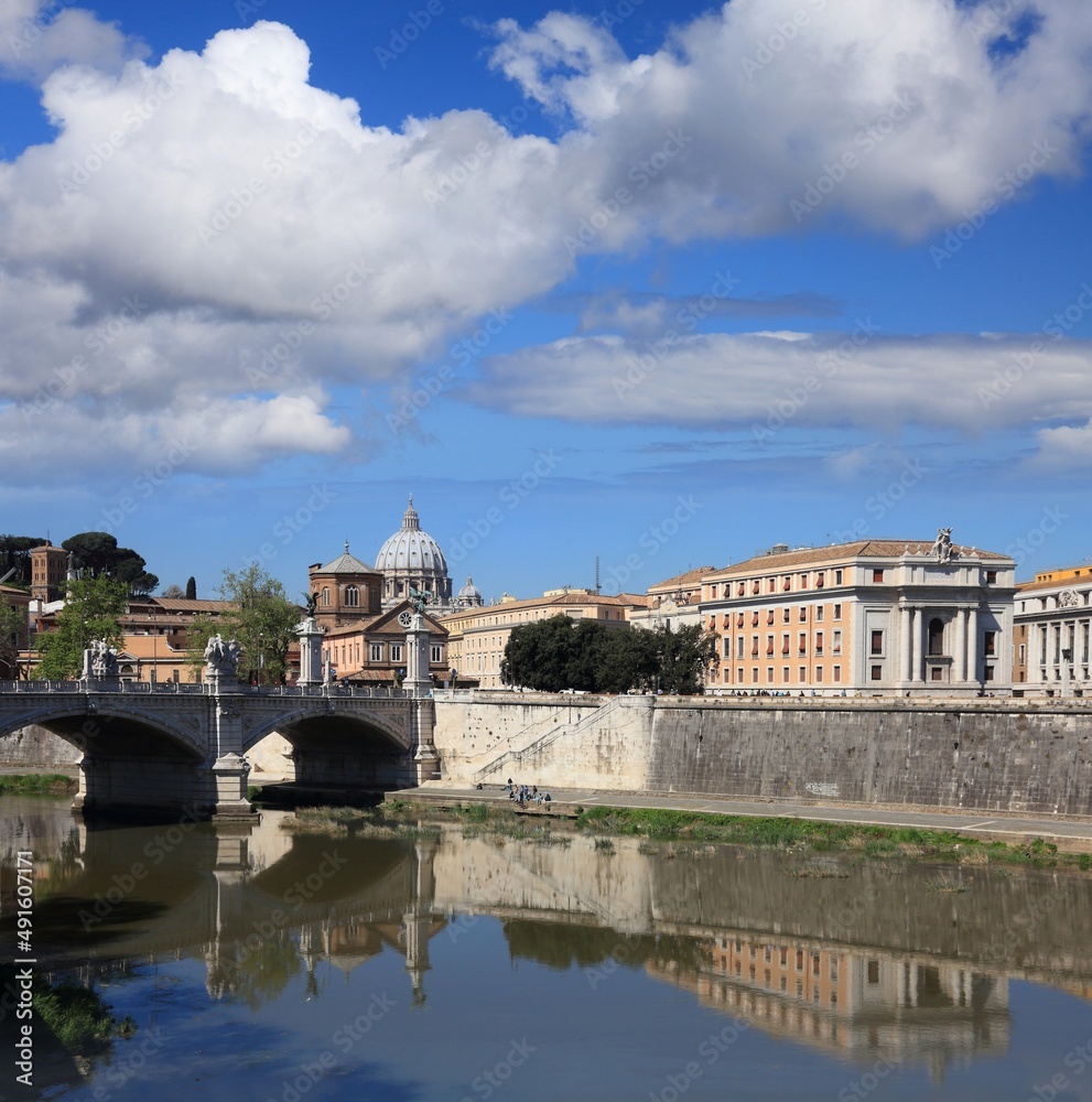 Rome cityscape. City view of Rome, Italy. Tiber River with Vatican Saint Peter's Basilica in background.
