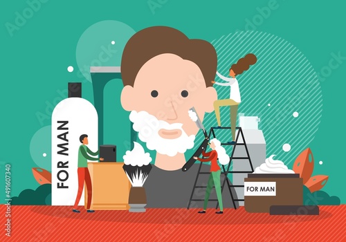 Barber shaving beard with razor, doing man hair, flat vector illustration. Men grooming barbershop, hair salon, studio.