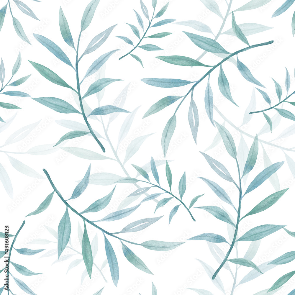 Fototapeta premium Watercolor patterns with palm leaves. Hand painted exotic greenery branch. Botanical illustrations. For design, print or background.