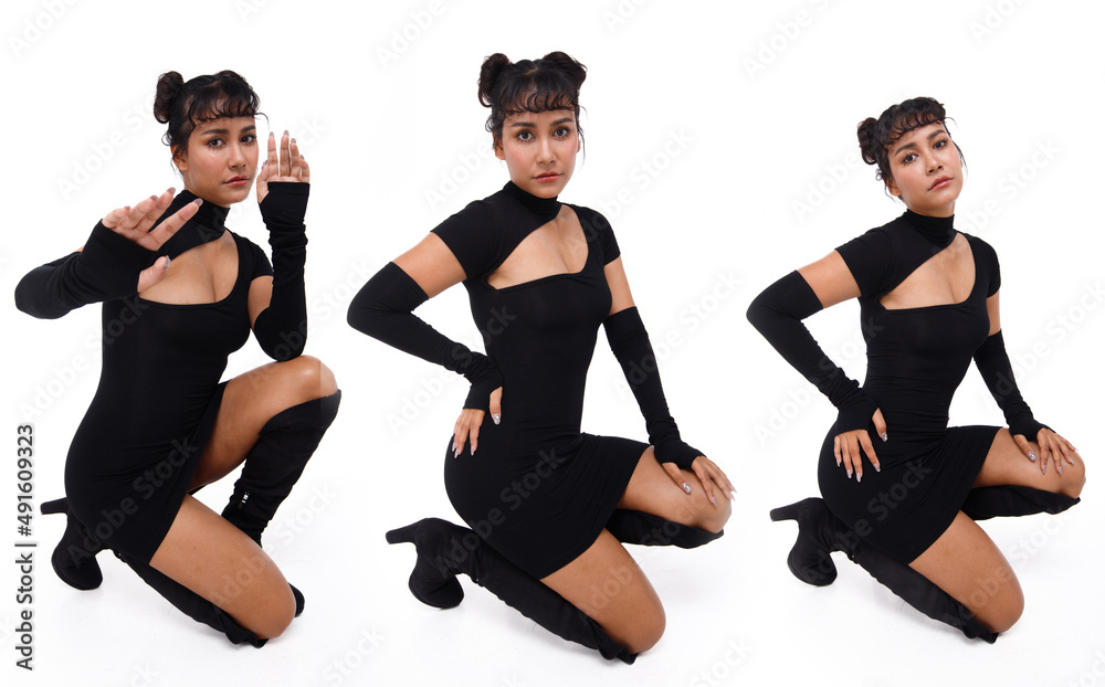 20s Asian Indian Arab Woman wear black dress braided hair and long boots shoes on white background 20s Asian Indian Arab Woman wear black dress braided hair and long boots shoes on white background