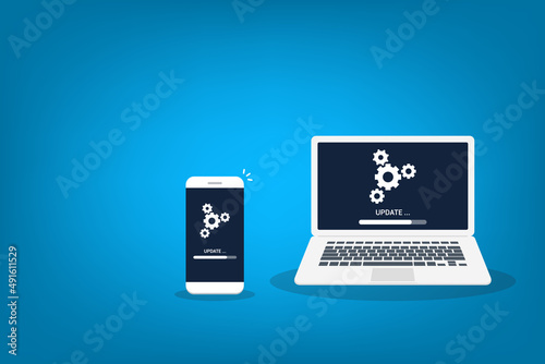 Wallpaper Mural Laptop and smartphone with update process screen. Install new software, operating system support. Vector illustration Torontodigital.ca