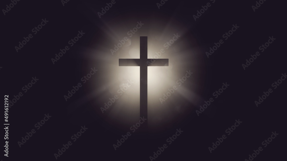 The cross on dark background with  sunlight  . Easter concept. 3d render illustration