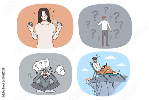 Set of diverse people feel confused unhappy think of problem solution. Collection of men and women surrounded with question marks brainstorm over trouble solving. Vector illustration.