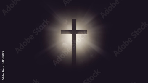The cross on dark background with sunlight . Easter concept. 3d render illustration