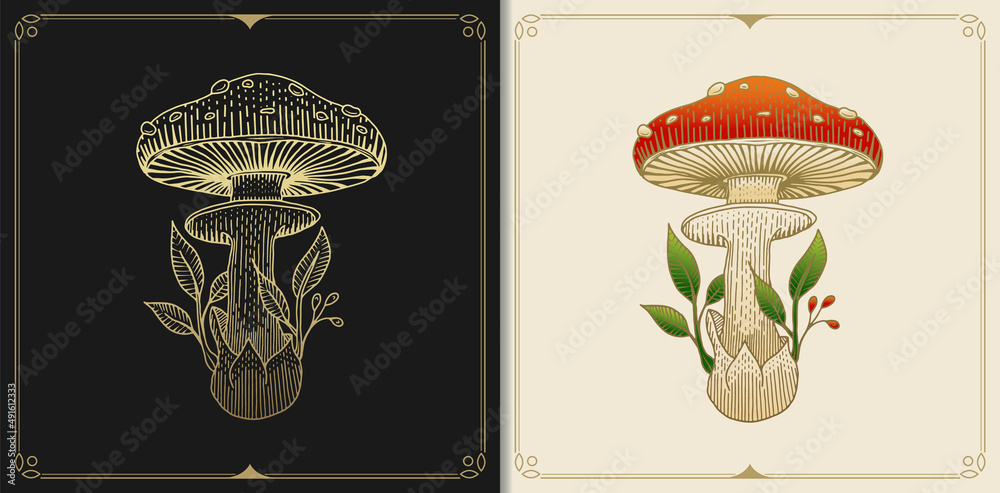 Mushroom or fungus Russula aurea with engraving, hand drawn, luxury, celestial, esoteric, boho style, fit for spiritualist, religious, paranormal, tarot reader, astrologer or tattoo - obrazy, fototapety, plakaty 