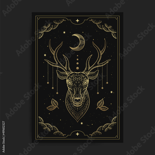Deer head eclipse with engraving, hand drawn, luxury, celestial, esoteric, boho style, fit for spiritualist, religious, paranormal, tarot reader, astrologer or tattoo