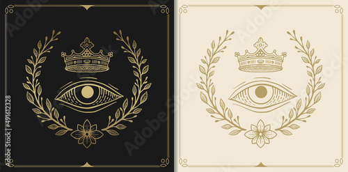 Royal symbol, eye, crown with engraving, hand drawn, luxury, celestial, esoteric, boho style, fit for spiritualist, religious, paranormal, tarot reader, astrologer or tattoo