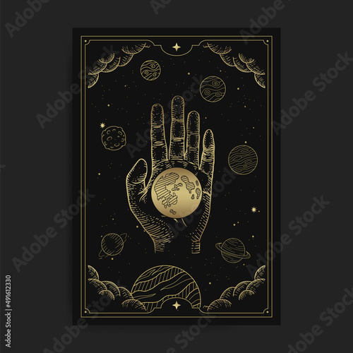 Great hand holding planet with engraving, hand drawn, luxury, celestial, esoteric, boho style, fit for spiritualist, religious, paranormal, tarot reader, astrologer or tattoo