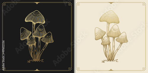 Magic mushroom engraving, hand drawn, luxury, celestial, esoteric, boho style, fit for spiritualist, religious, paranormal, tarot reader, astrologer or tattoo