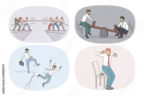 Set of diverse businesspeople involved in job competition for work place. Concept of rivalry and leadership. Collection of employees compete with colleagues for position. Vector illustration. 