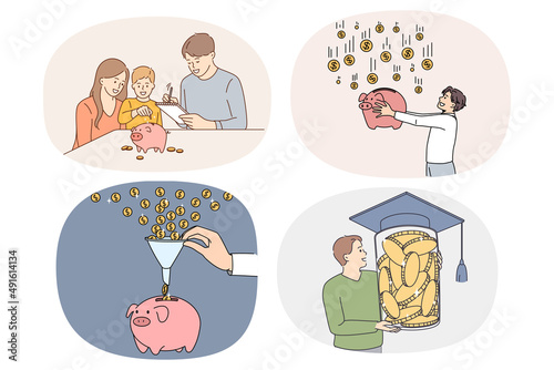 Set of happy family saving money in piggy bank. Collection of people collect coins in piggybank, make financial investment for future. Finance and economy concept. Vector illustration. 