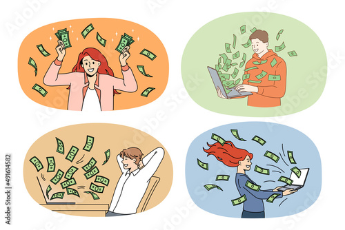 Set of smiling young people get cash from computer work. Collection of happy businesspeople receive passive income from investment. Finance and banking. Lottery win. Vector illustration. 