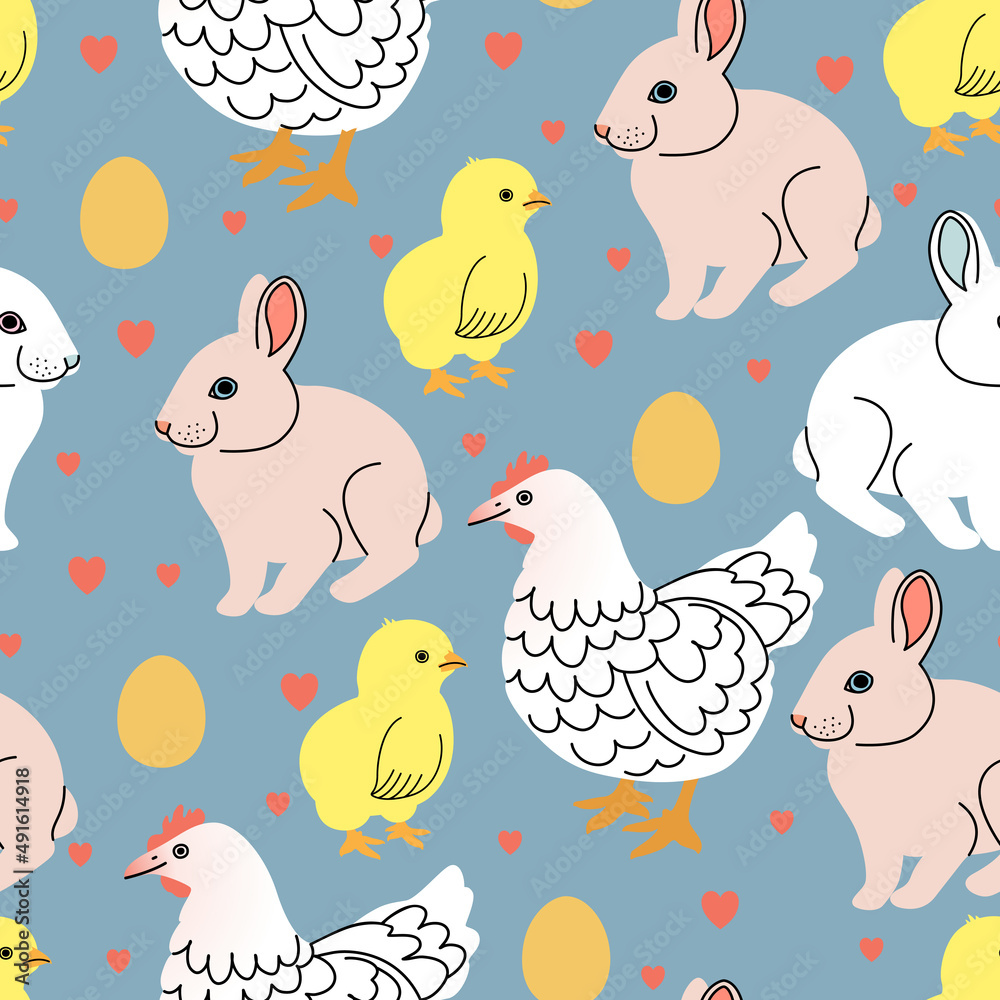 Cute seamless Easter vector pattern with bunnies, hens and chicks Cute seamless Easter vector pattern with bunnies, hens and chicks