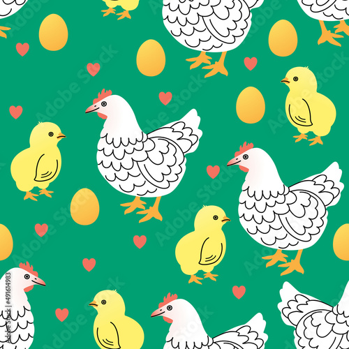Vector seamless pattern with hens and chicks