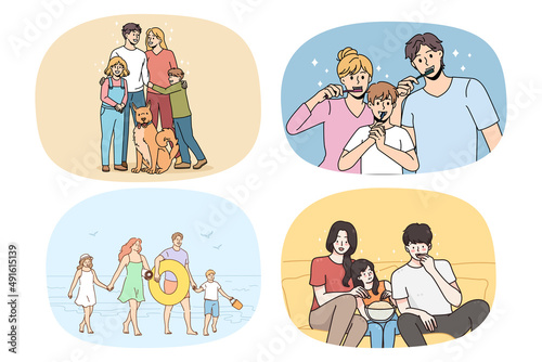 Set of happy young family with children enjoy everyday life activities together. Collection of loving smiling parents and kids relax spend time at home show unity and care. Vector illustration. 