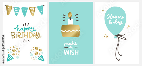 Mint and gold Birthday card set. Vector hand drawn graphic and greeting phrases.