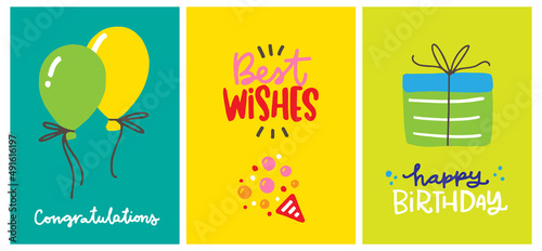 Best wishes colourful Birthday card set with balloons, gift box and throw cone.