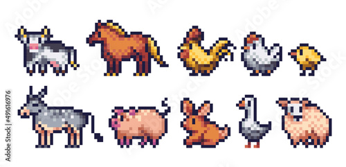 Farm animals pixel art icon set. Domestic countryside pets: horse, cow, chicken, rabbit, sheep, and pig logo collection. 8-bit sprite. Game development, mobile app. Isolated vector illustration.