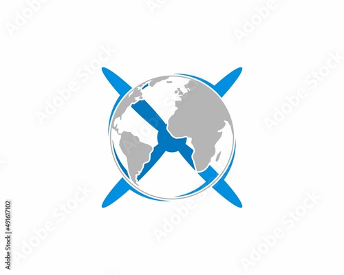 World map with airplane propeller logo