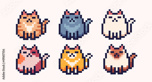 Different colors cats pixel art icon set. Kitty breeds logo collection. 8-bit sprite. Game development, mobile app.  Isolated vector illustration. © SickleMoon