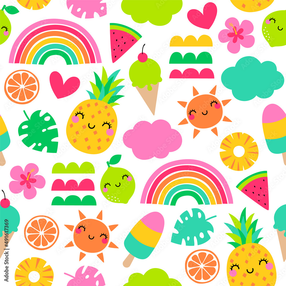 Cute hand drawn summer elements seamless pattern background.