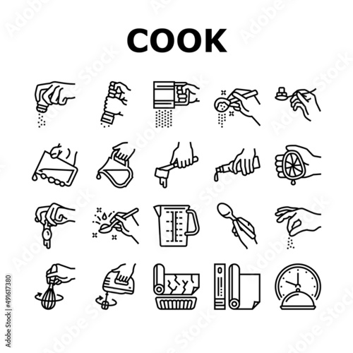 Cook Instruction For Prepare Meal Icons Set Vector. Butter And Milk Add, Salt And Pepper Flavoring, Beater Whisk And Mixer Device Beating, Adding Lemon Juice And Egg Black Contour Illustrations