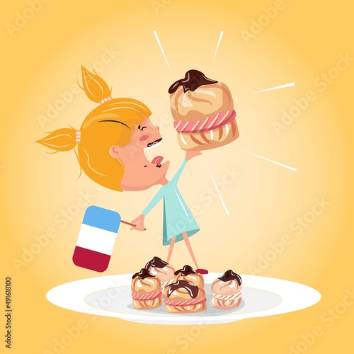 Little sweet tooth enjoying French dessert and holding a French flag.