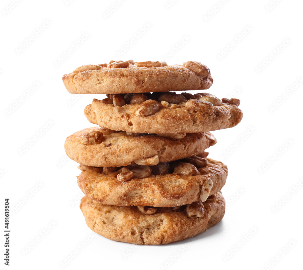 Tasty peanut cookies on white background