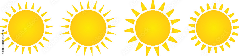 Set of sun icons. Flat vector illustration. Spring and summer element. Sun pictogram. Yellow sunshine isolated on white background. Set of sun icons. Flat vector illustration. Spring and summer element. Sun pictogram. Yellow sunshine isolated on white background.