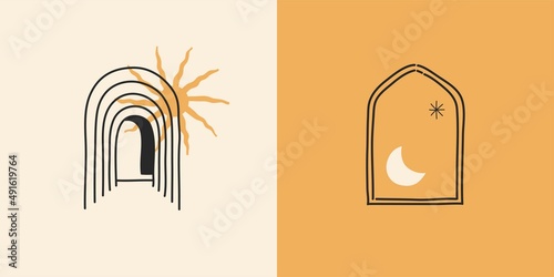 Hand drawn vector abstract stock flat graphic illustrations set with logo element,bohemian astrology magic minimalistic emblem of mystic line arch portal and sun with rays,simple style for branding.