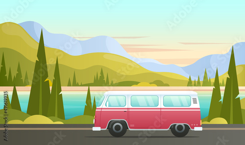Mountain landscape. Vector illustration of sunset nature with river, lake, hills, forest, car. Travel cartoon concept of journey by car. Family vacation trip along mountains