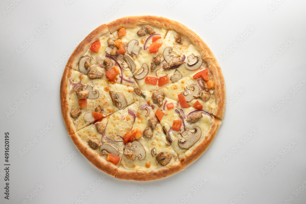 Pizza with meat, mushrooms, tomatoes, onions and cheese on a white background Pizza with meat, mushrooms, tomatoes, onions and cheese on a white background