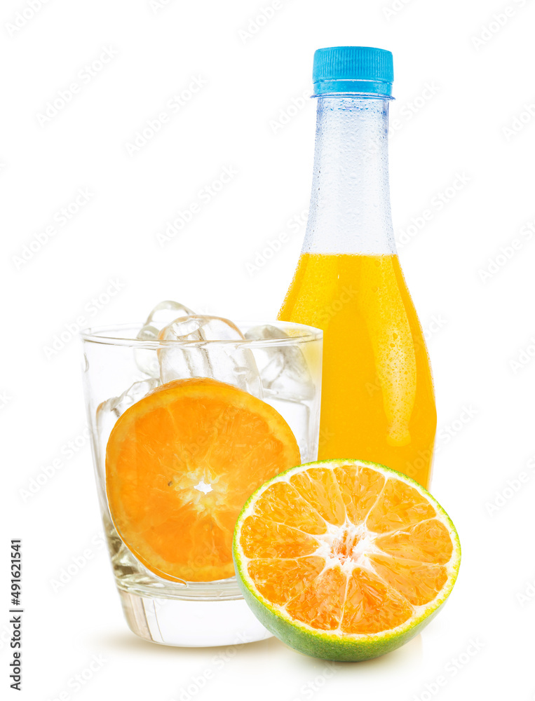 orange fruit and orange juice in bottle white glass and ice isolated on white background orange fruit and orange juice in bottle white glass and ice isolated on white background