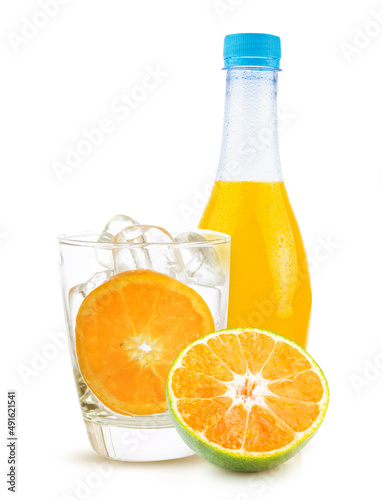 Fototapeta Naklejka Na Ścianę i Meble -  orange fruit and orange juice in bottle white glass and ice isolated on white background